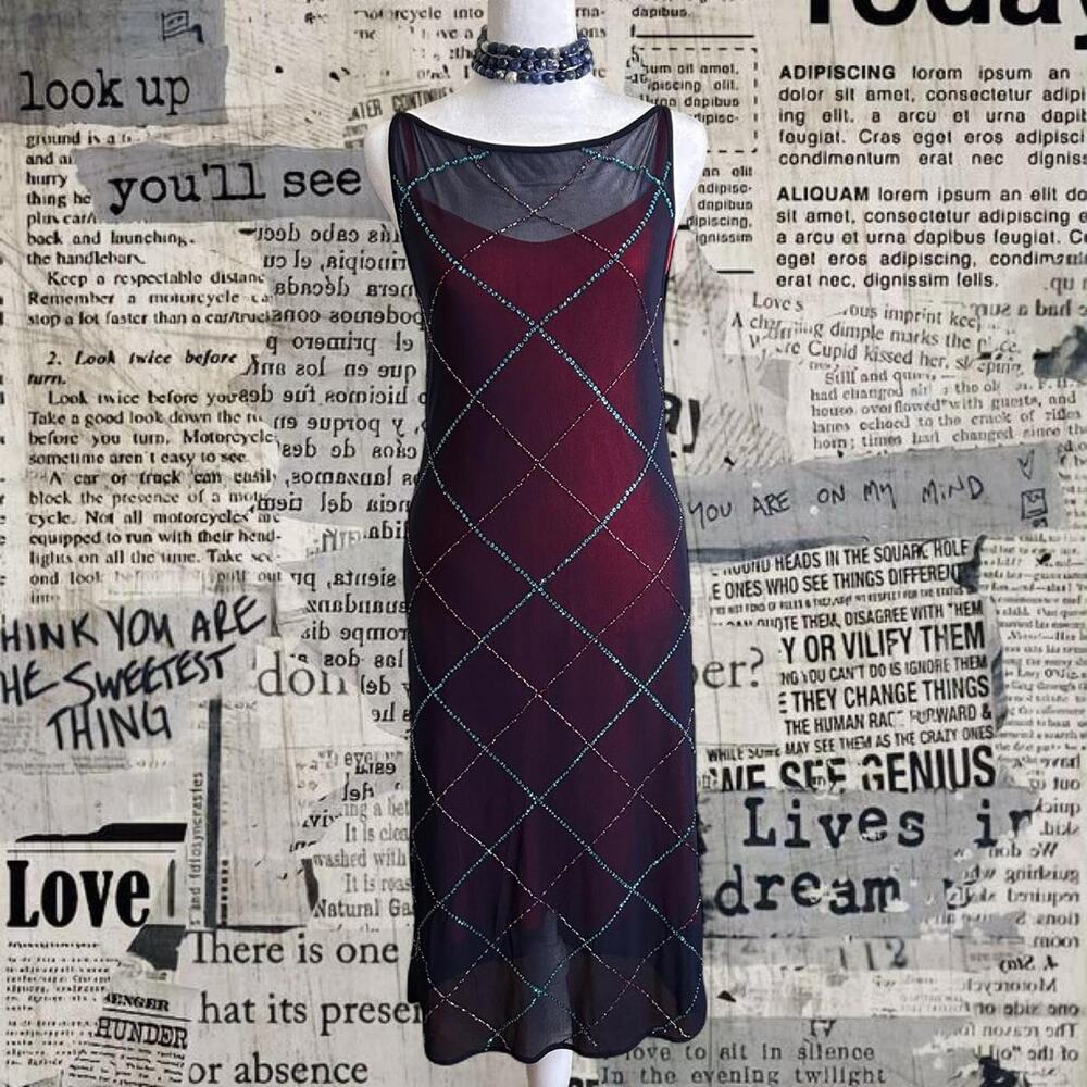 Vintage vivienne tam beaded mesh navy blue dress with red slip